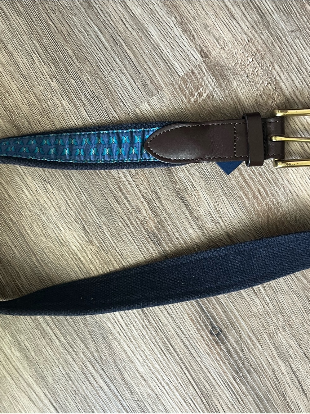Vineyard Vines Teal Patterned Fabric Belt with Brown Leather Trim